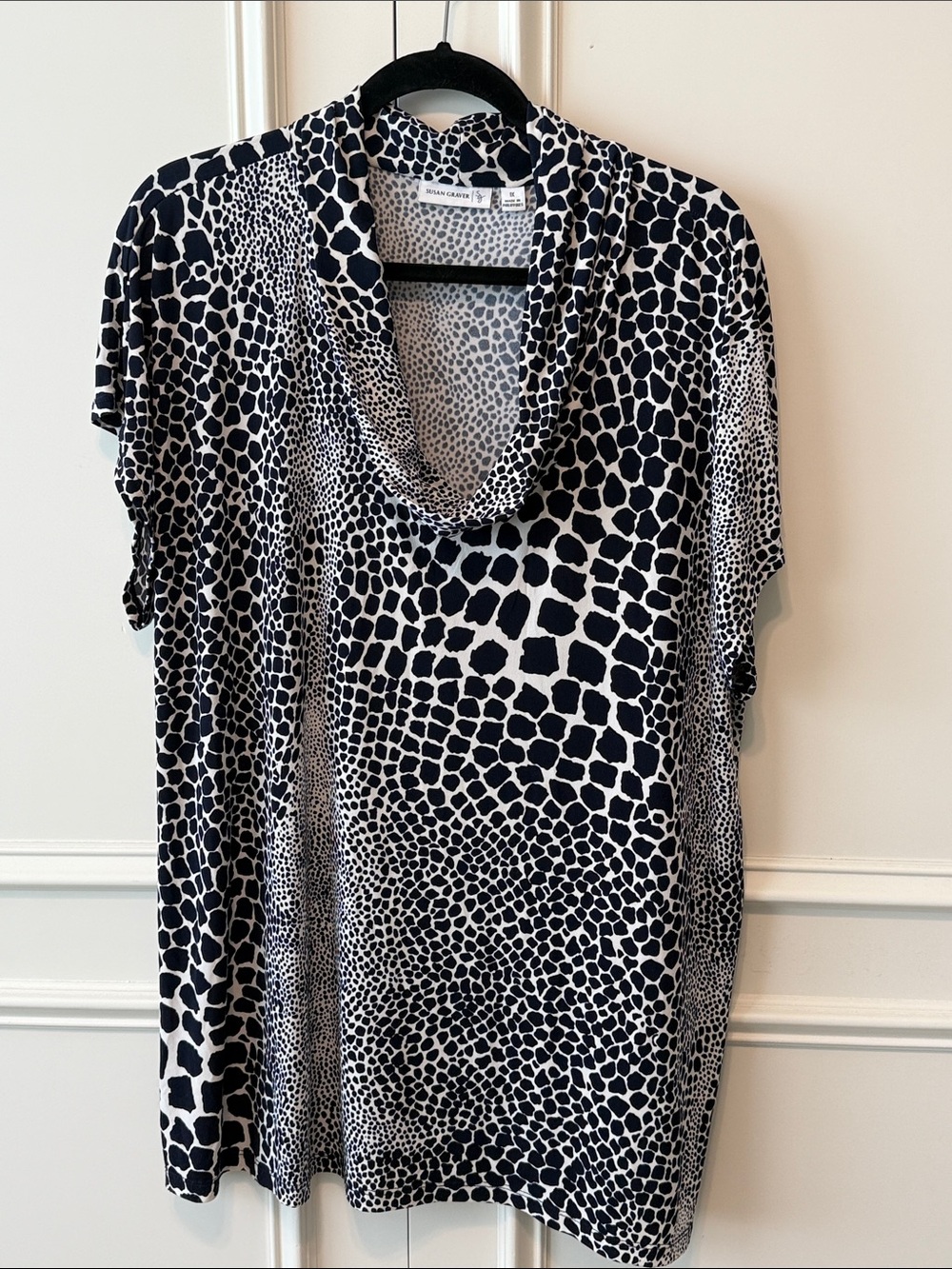 Susan Graver Navy & White Animal Print Cowl Neck Tunic
